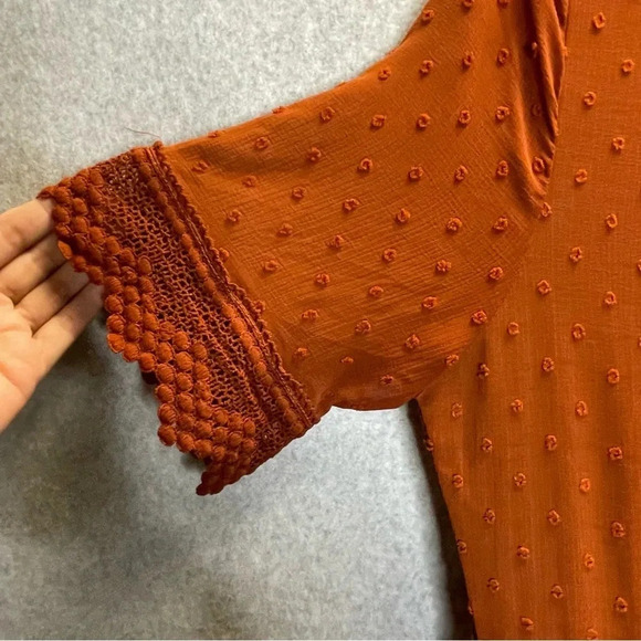 Lulu’s Dreaming of You Rust Swiss Dot Tiered Midi Dress - Picture 8 of 8